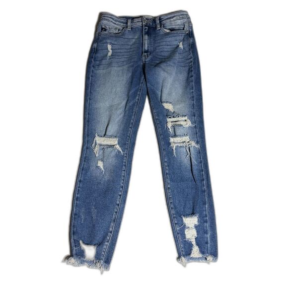 KanCan Denim - KanCan Kaden High Rise Distressed Fray Hem Ankle Skinny Jeans Medium Wash 9/28